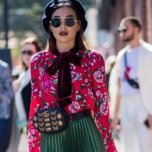 Zara Red Floral Blouse Velvet Bow